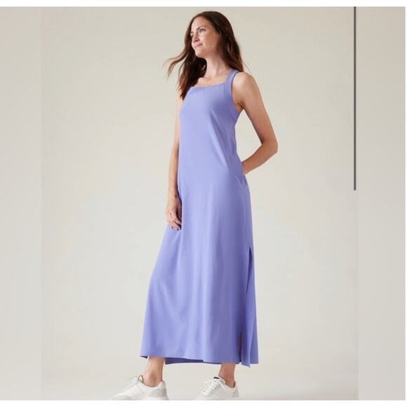 Athleta Dresses & Skirts - Athleta Arrival Dress Medium Purple Maxi Athletic Cross Back Stretch Side Slit
